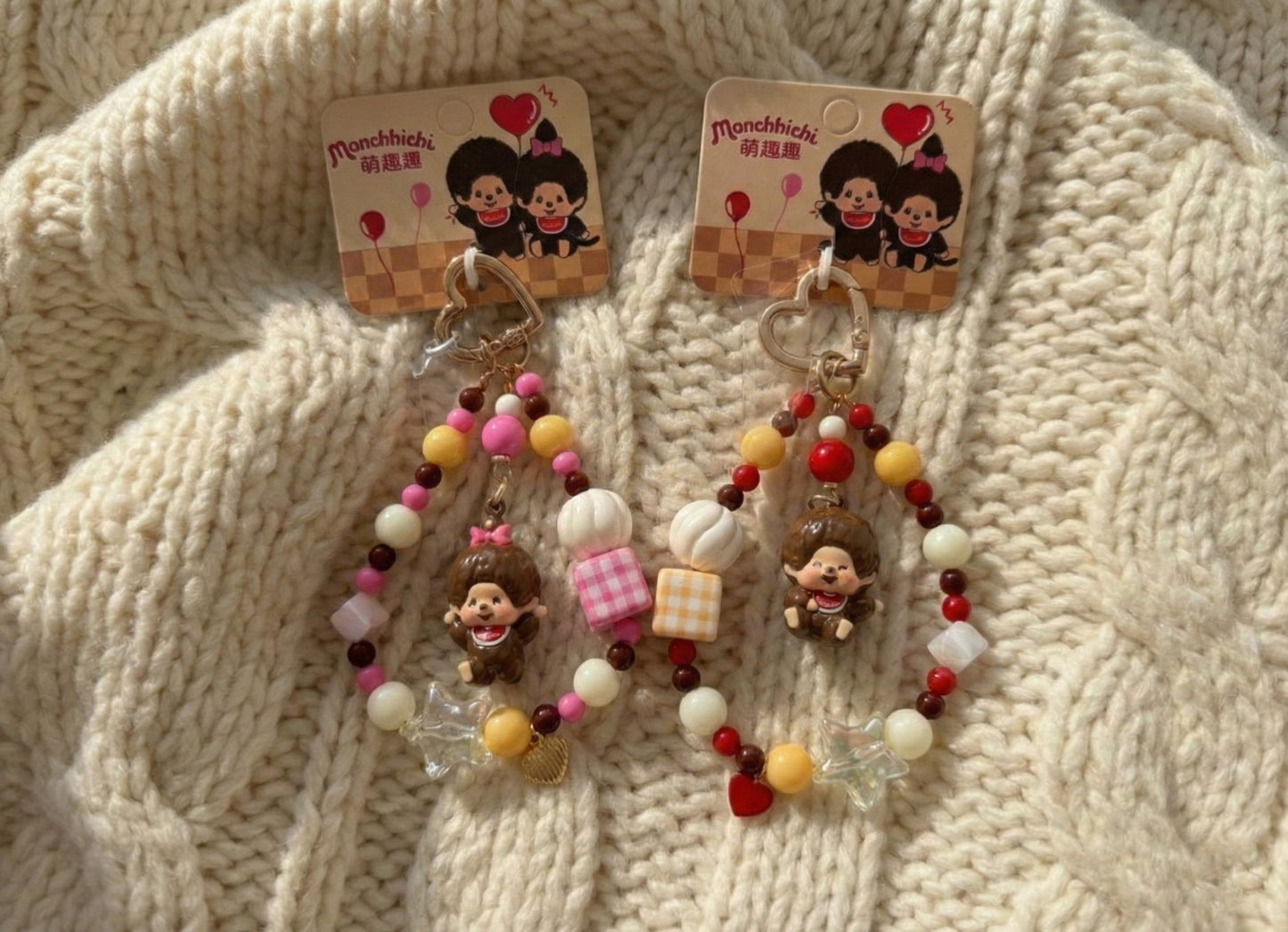Vintage Monchhichi Beaded Keychain - Y2K Gingham Bag Charm (Pink/Yellow)