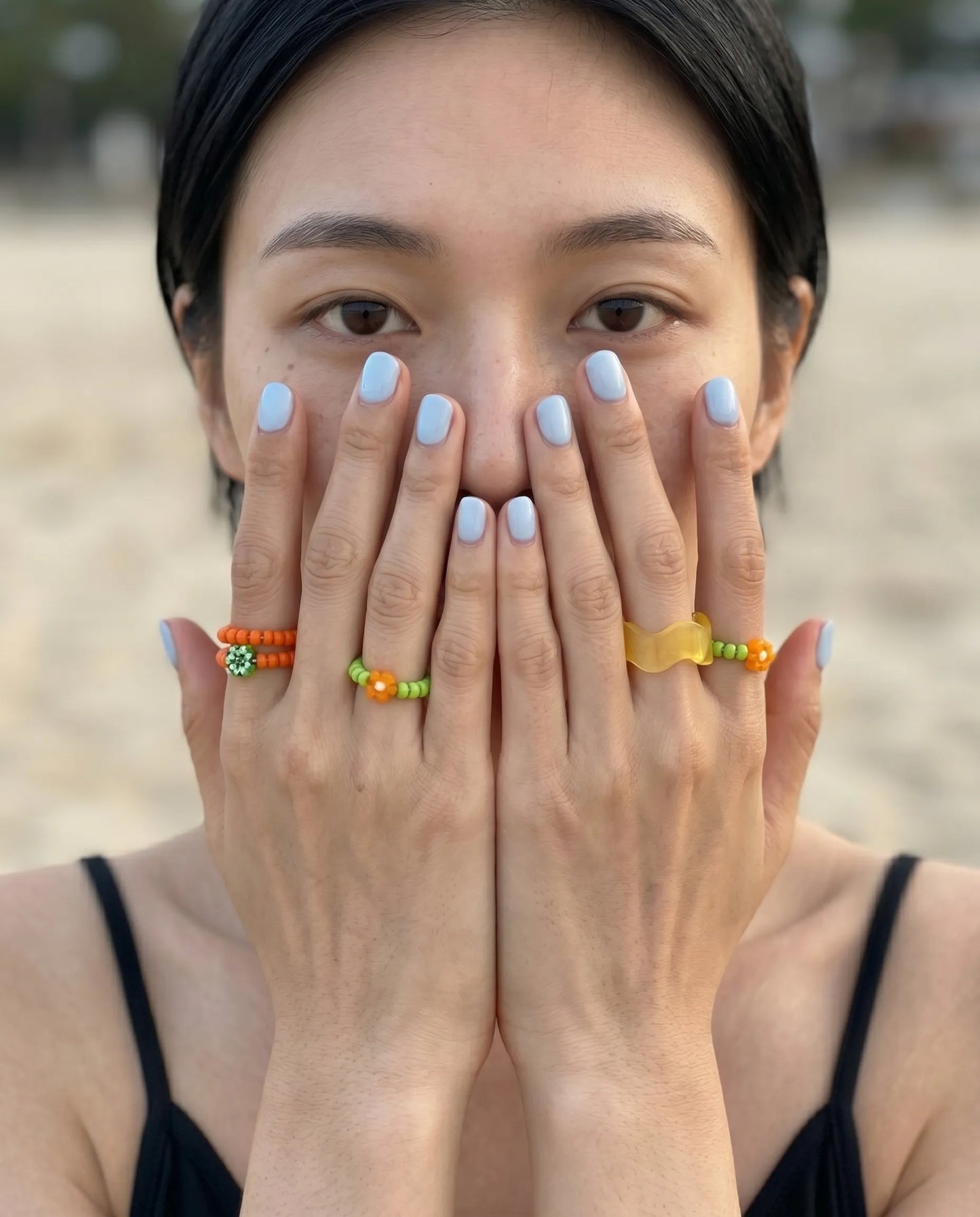 Y2K Chunky Resin Wave Ring & Flower Bead Ring Set