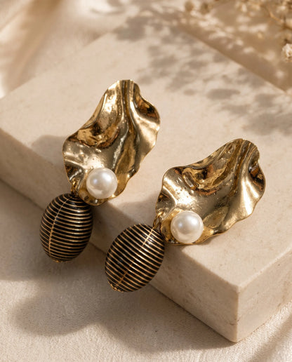 Gold Hammered Pearl Drop Earrings | K-Style Statement | Titanium Post