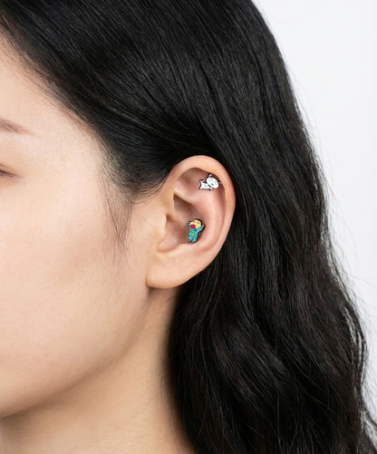 Shiro white dog and pajama Shin-chan earrings combination on ear conch piercing
