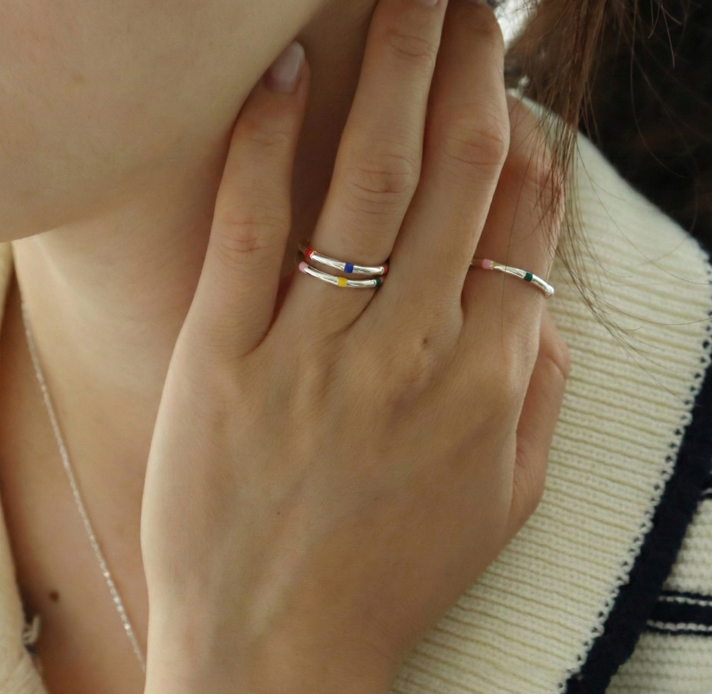 925 Sterling Silver Multicolor Enamel Stackable Open Ring — Adjustable Dainty Band