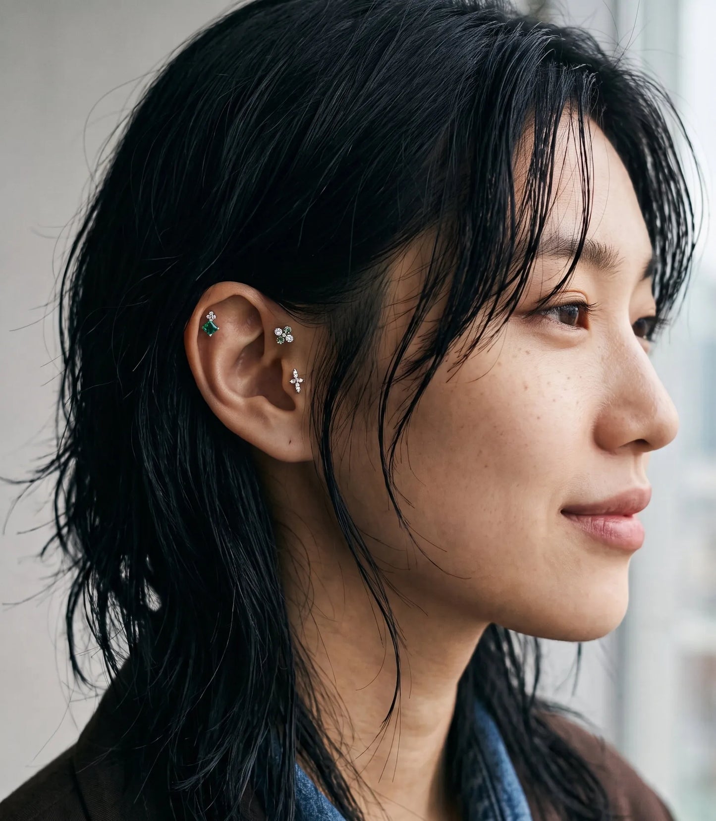 Emerald Clover Barbell Stud | Brass + Surgical Steel | K-Style Ear Stack (Single)