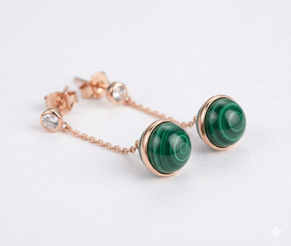 Natural Malachite Drop Earrings — Rose Gold Chain & CZ Stud