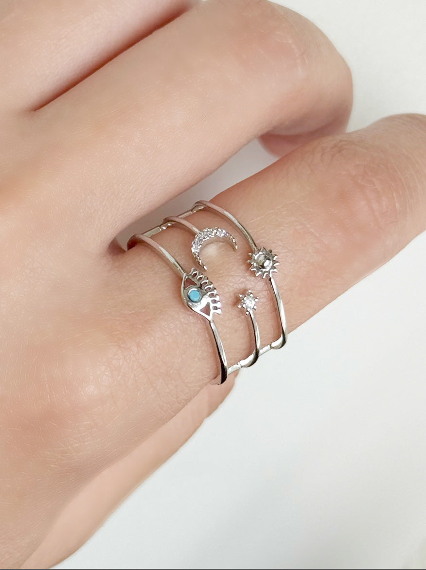 Bold Celestial Evil Eye Sun Moon Star Layered Brass Ring – Made in Korea