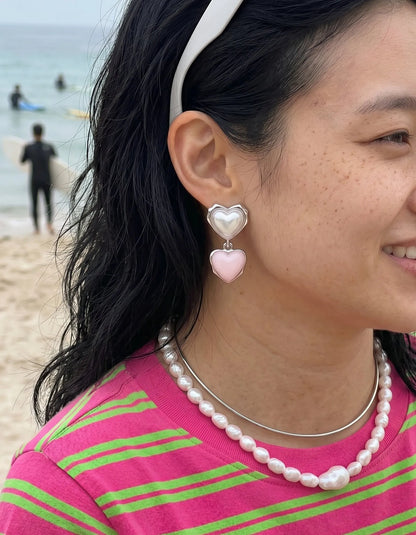 Chunky Double Heart Drop Earrings – Pearl & Color Block