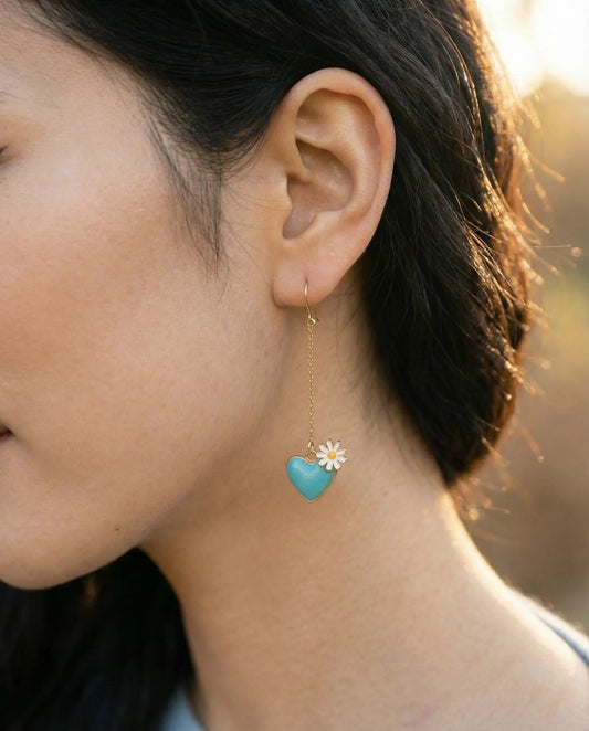 Daisy Heart Long Drop Earrings — Handmade in Korea | 8ttitto8