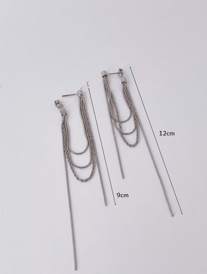 Layered Snake Chain Front Back Drop Earrings - Long Tassel Linear Earrings