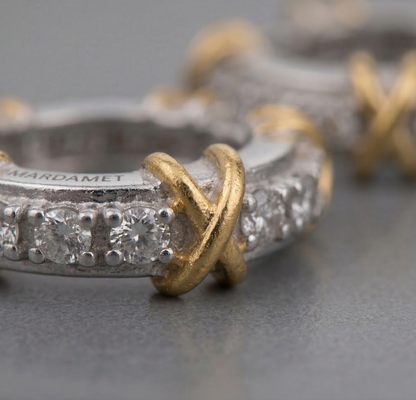 Two-Tone CZ Criss-Cross Huggie Hoop Earrings – 925 Sterling Silver, Gold X Detail