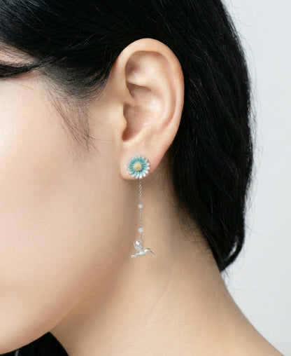 Handmade Daisy Flower Hummingbird Front-Back Drop Earrings - Titanium Post