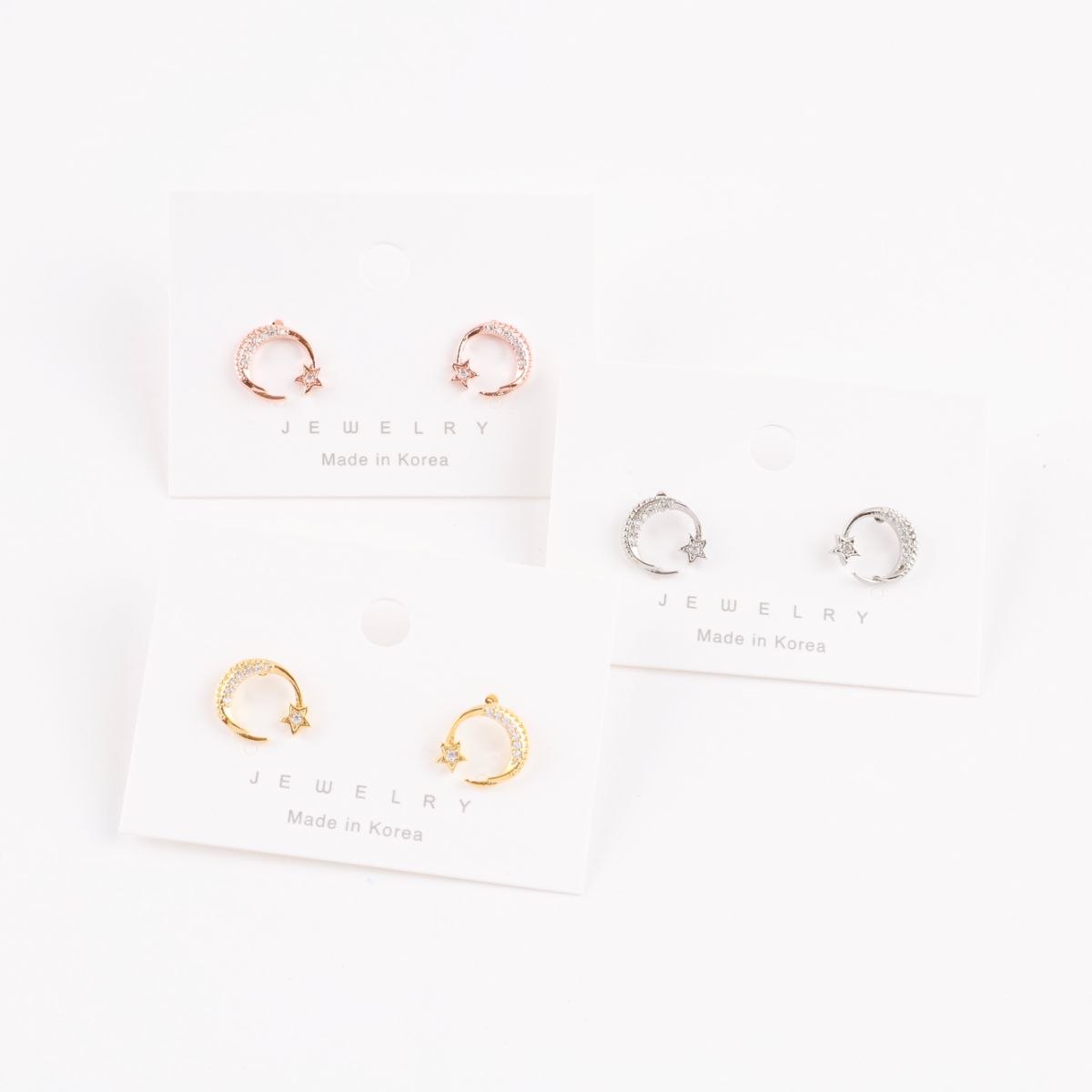 Celestial Crescent Moon & Star Pavé Stud Earrings | Silver, Gold & Rose Gold
