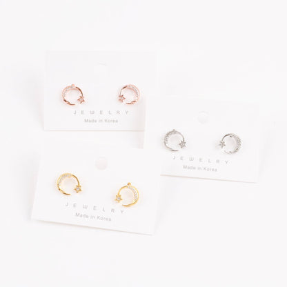 Celestial Crescent Moon & Star Pavé Stud Earrings | Silver, Gold & Rose Gold