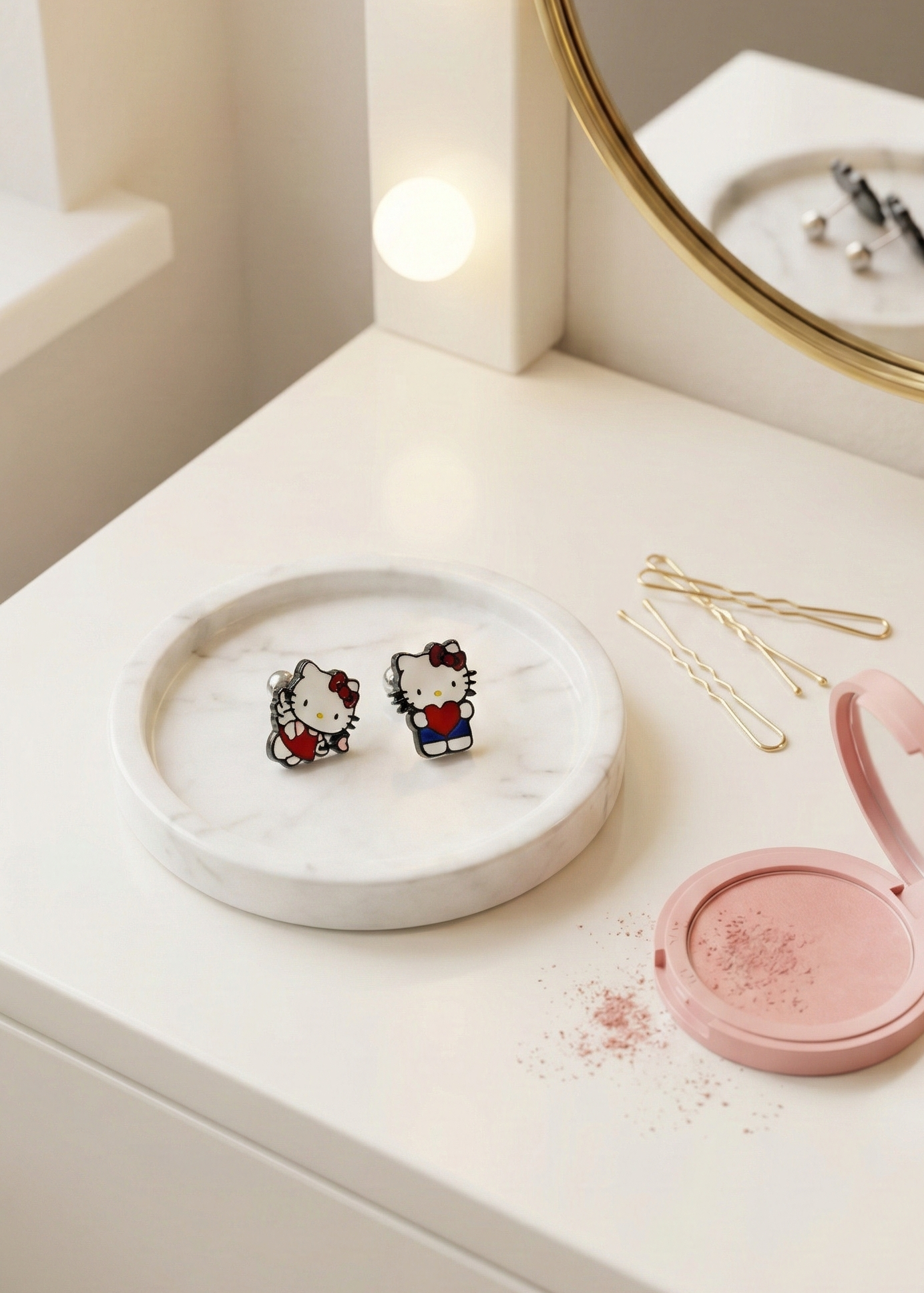 Hello Kitty studs displayed on vanity tray with gold hair pins and makeup, aesthetic kawaii lifestyle flatlay