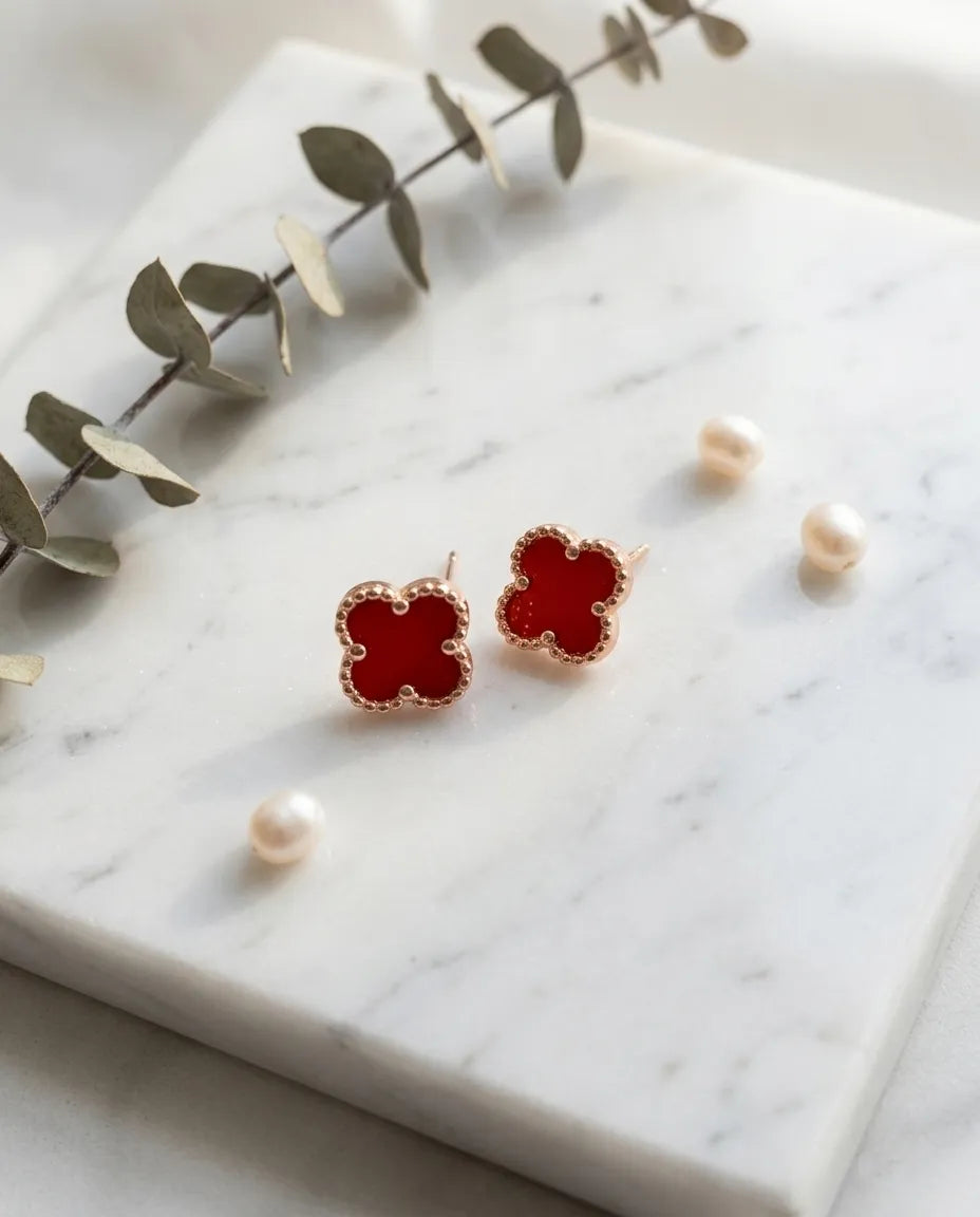 925 Silver Clover Gemstone Studs | Rose Gold | 5 Colors