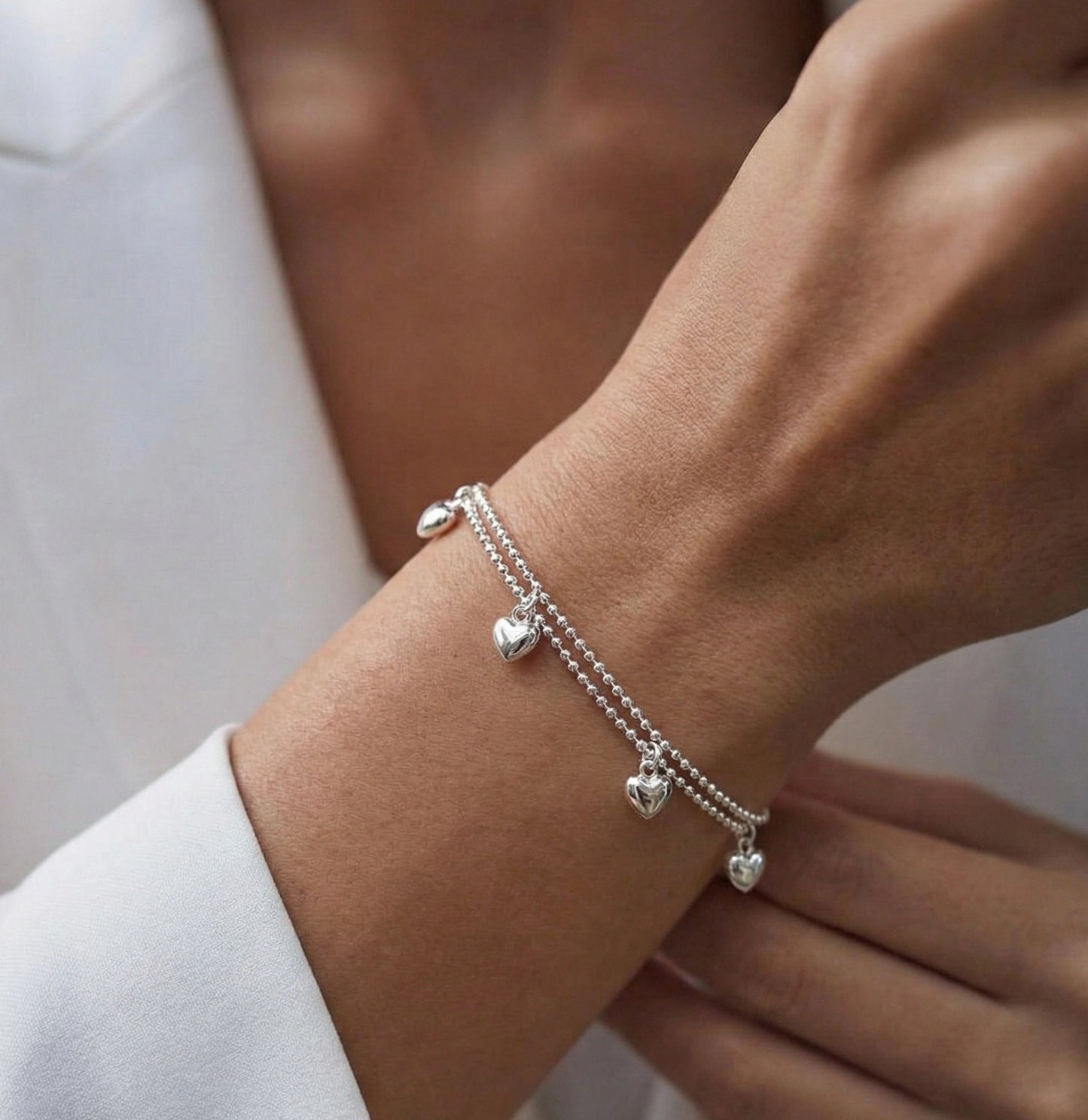 925 Sterling Silver Heart Charm Bracelet - Double Chain Puffed Hearts
