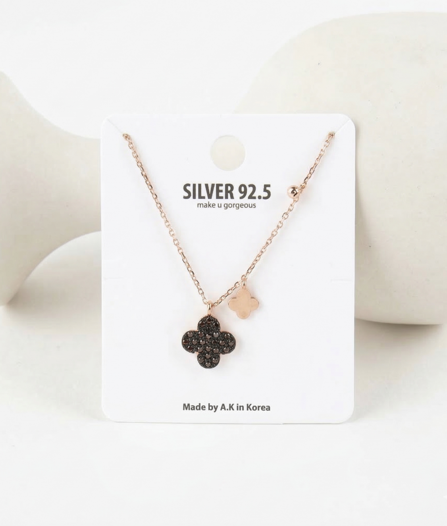 925 sterling silver cognac brown clover necklace on jewelry card – Silver 92.5 Made in Korea packaging