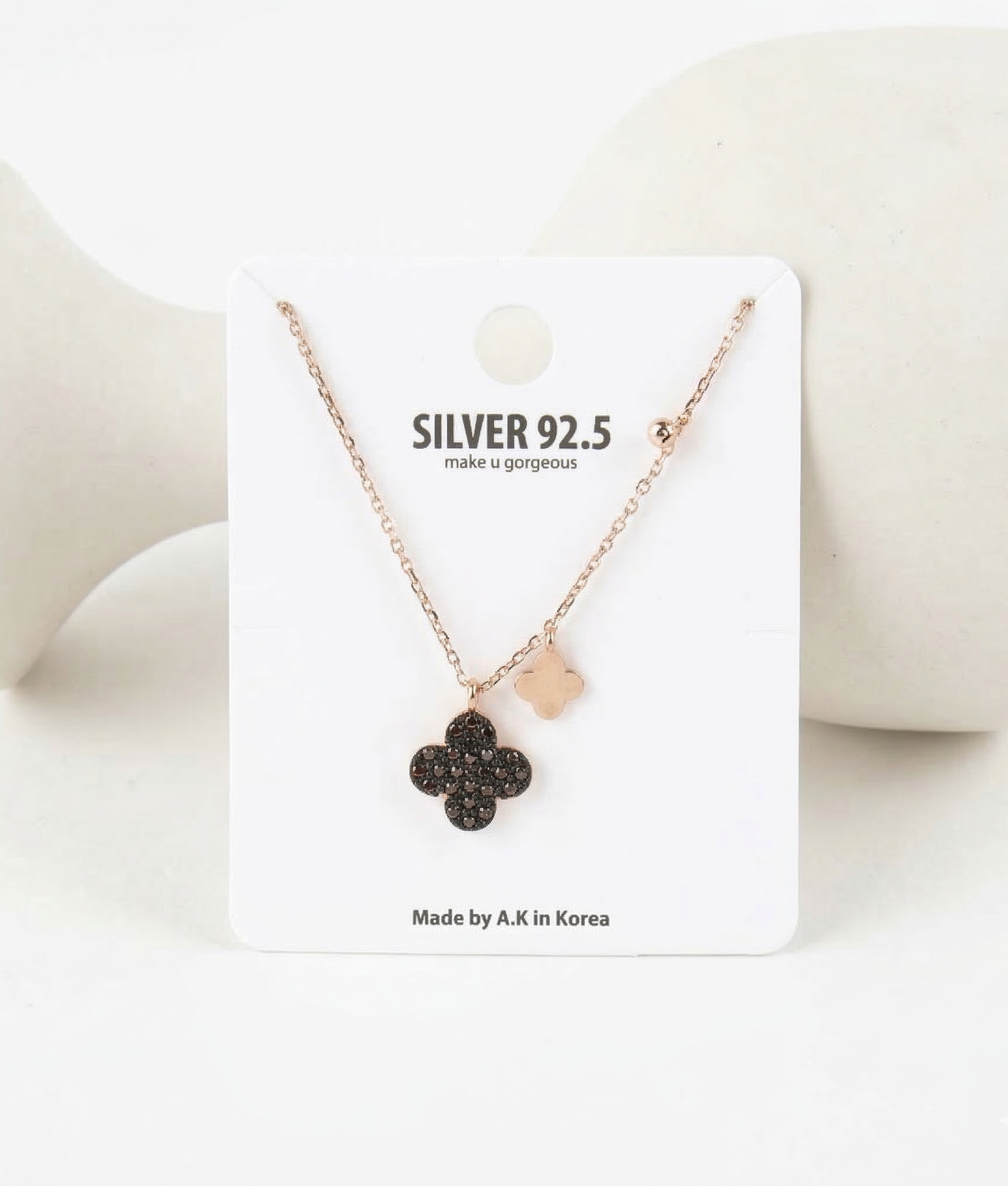 925 sterling silver cognac brown clover necklace on jewelry card – Silver 92.5 Made in Korea packaging