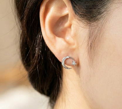 Celestial Crescent Moon & Star Pavé Stud Earrings | Silver, Gold & Rose Gold