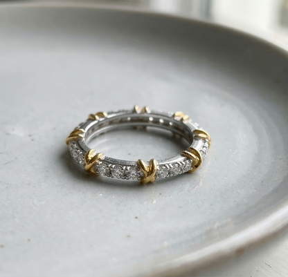 Two-Tone Sterling Silver Eternity Ring | CZ X-Cross Band Platinum Gold Plated