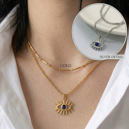 Evil Eye Layered Necklace – Double Chain Sunburst Pendant in Gold & Silver | 8TTITTO8
