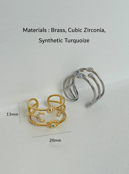 Bold Celestial Evil Eye Sun Moon Star Layered Brass Ring – Made in Korea