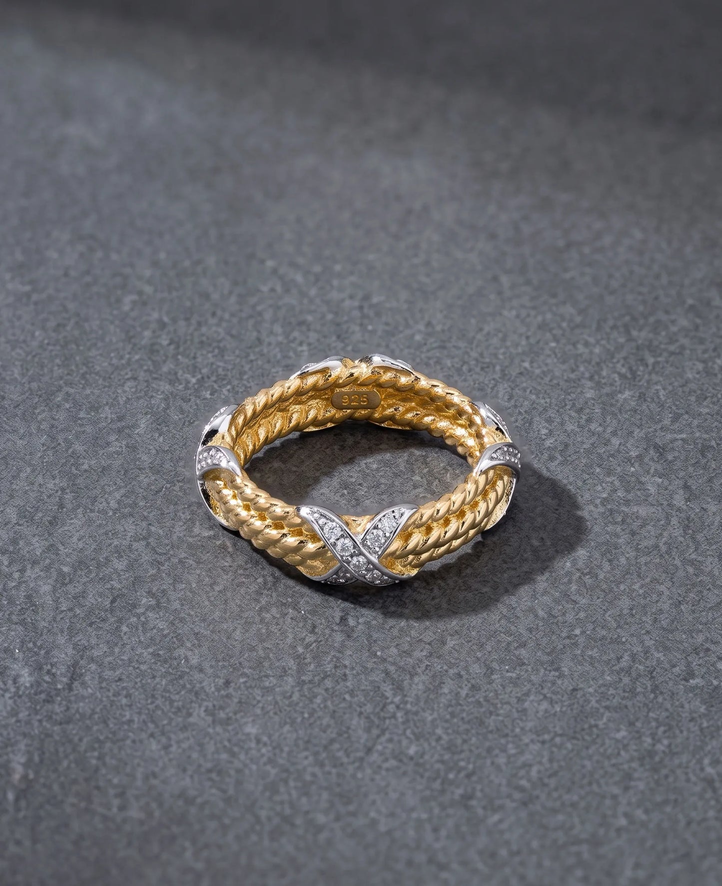 925 Sterling Silver Two-Tone Twisted Rope Band Ring with CZ X-Cross
