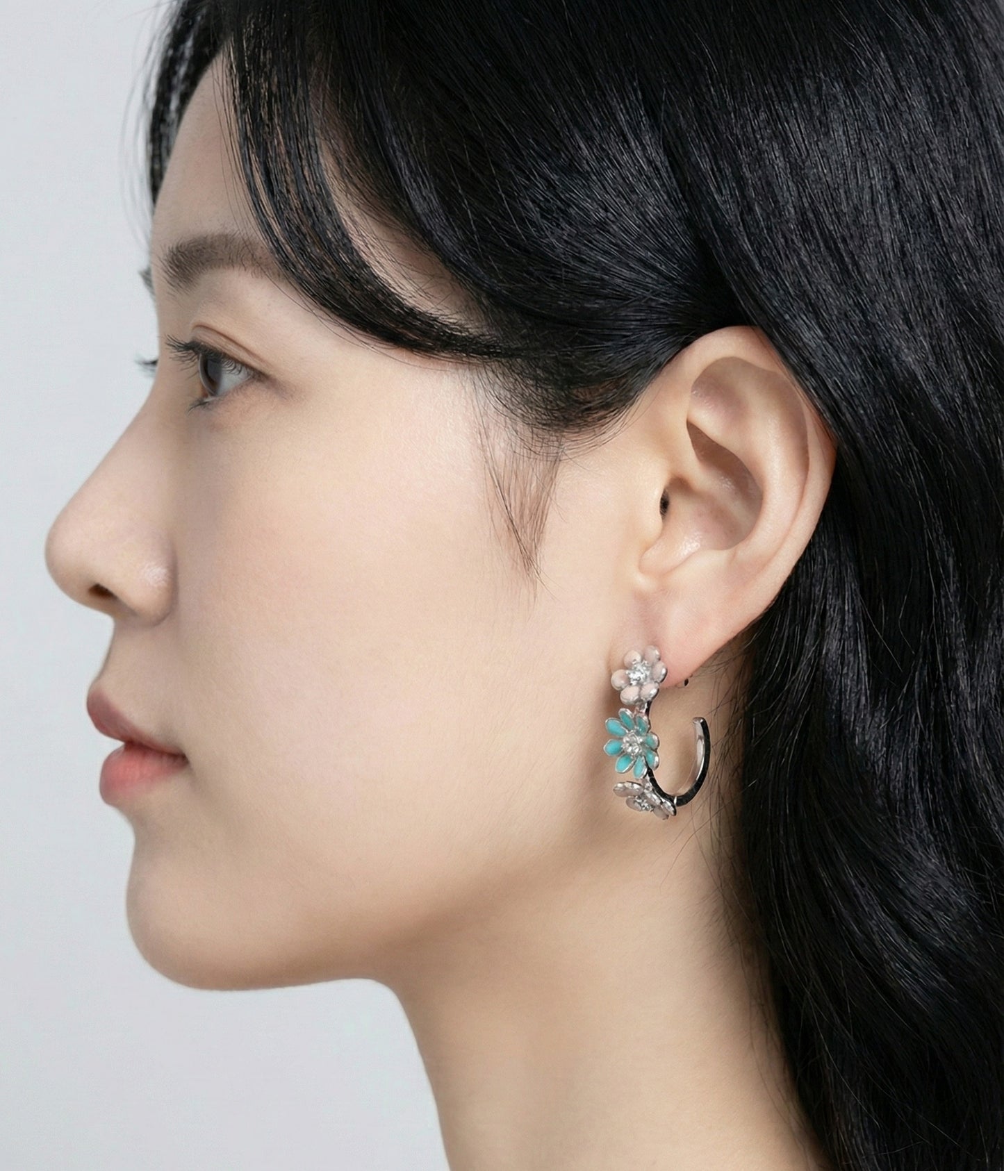 Korean Handmade Enamel Flower Hoop Earrings - Titanium Post (2 Colors)