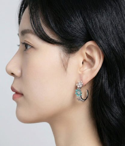 Korean Handmade Enamel Flower Hoop Earrings - Titanium Post (2 Colors)