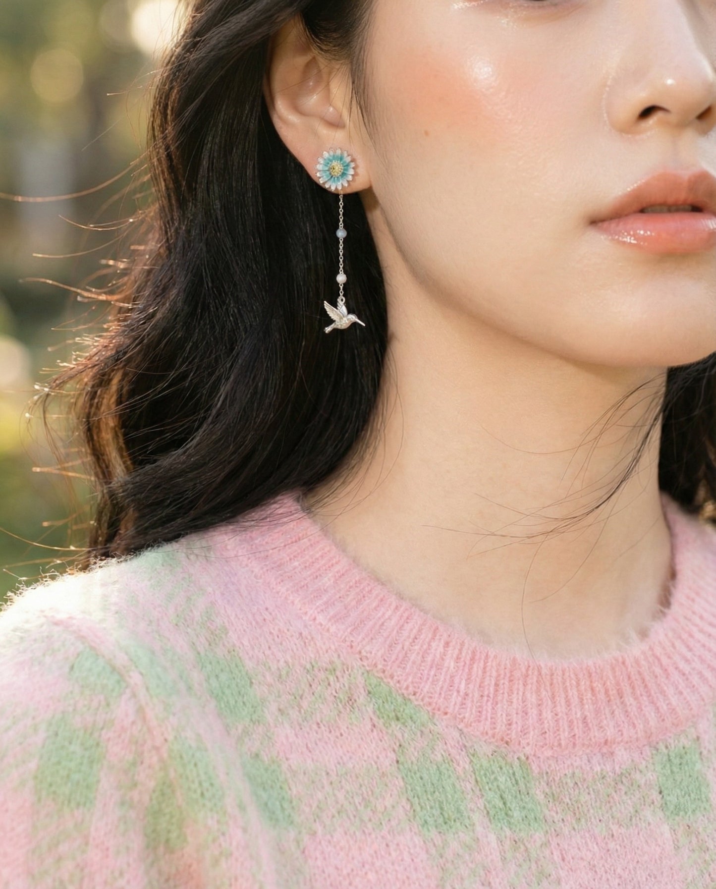 Handmade Daisy Flower Hummingbird Front-Back Drop Earrings - Titanium Post
