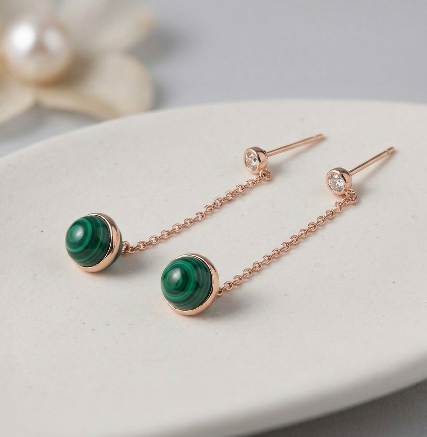 Natural Malachite Drop Earrings — Rose Gold Chain & CZ Stud