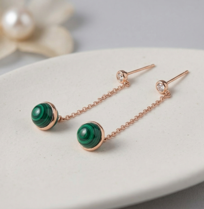 Natural Malachite Drop Earrings — Rose Gold Chain & CZ Stud