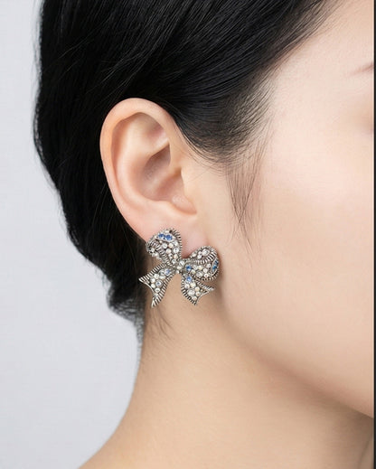 Vintage Kitsch Bow Earrings - Chunky Retro Ribbon Statement Studs with Sparkling Crystals