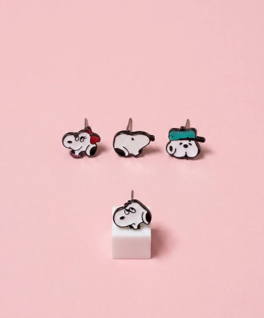 Vintage Cartoon Snoopy Dog Unbalanced Stud Earrings (4-Piece Set)