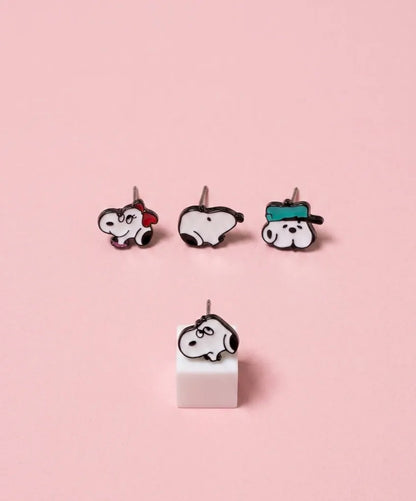 Vintage Cartoon Snoopy Dog Unbalanced Stud Earrings (4-Piece Set)