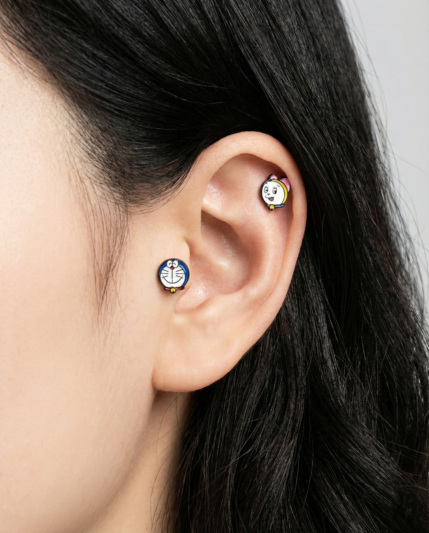 Doraemon & Dorami Surgical Steel Piercing Studs - Hypoallergenic Anime Earrings Made in Korea