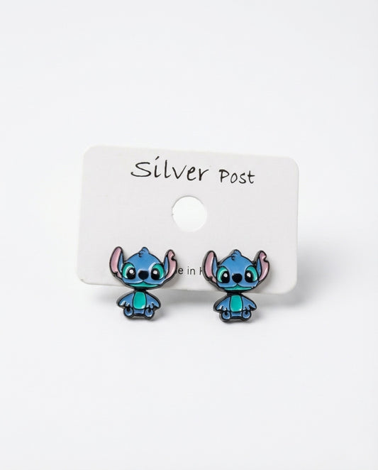 Blue alien character stud earrings on white silver post card, Made in Korea enamel jewelry