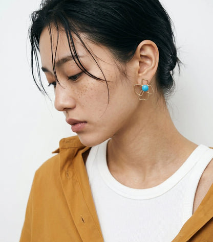 Turquoise Flower Asymmetrical Earrings | Gold Statement Earrings | K-Style Resort Jewelry