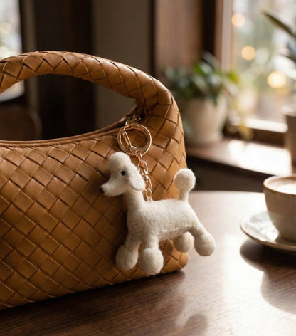 White wool felt poodle charm hanging from woven basket bag on wooden table with coffee cup