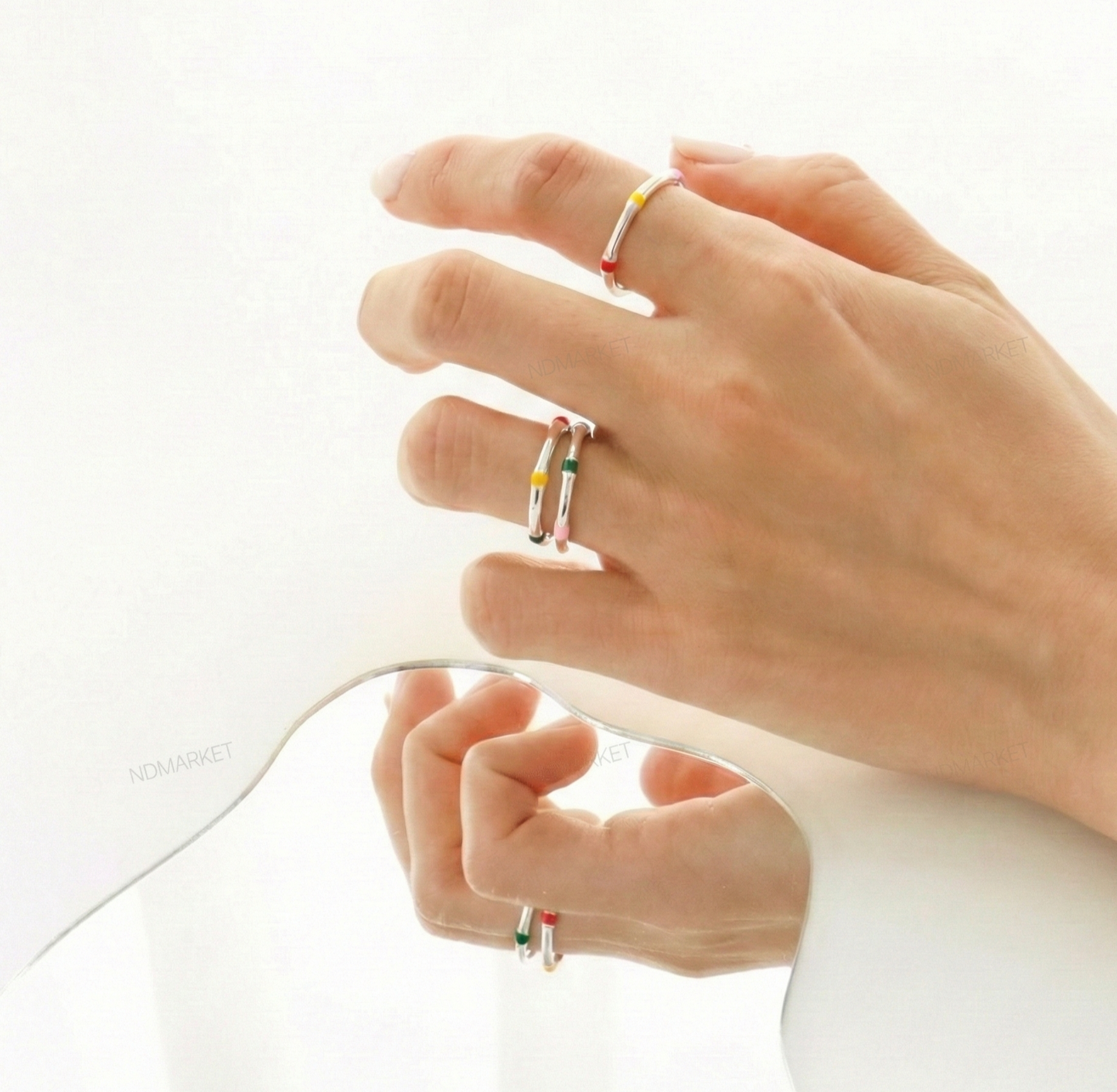 925 Sterling Silver Multicolor Enamel Stackable Open Ring — Adjustable Dainty Band