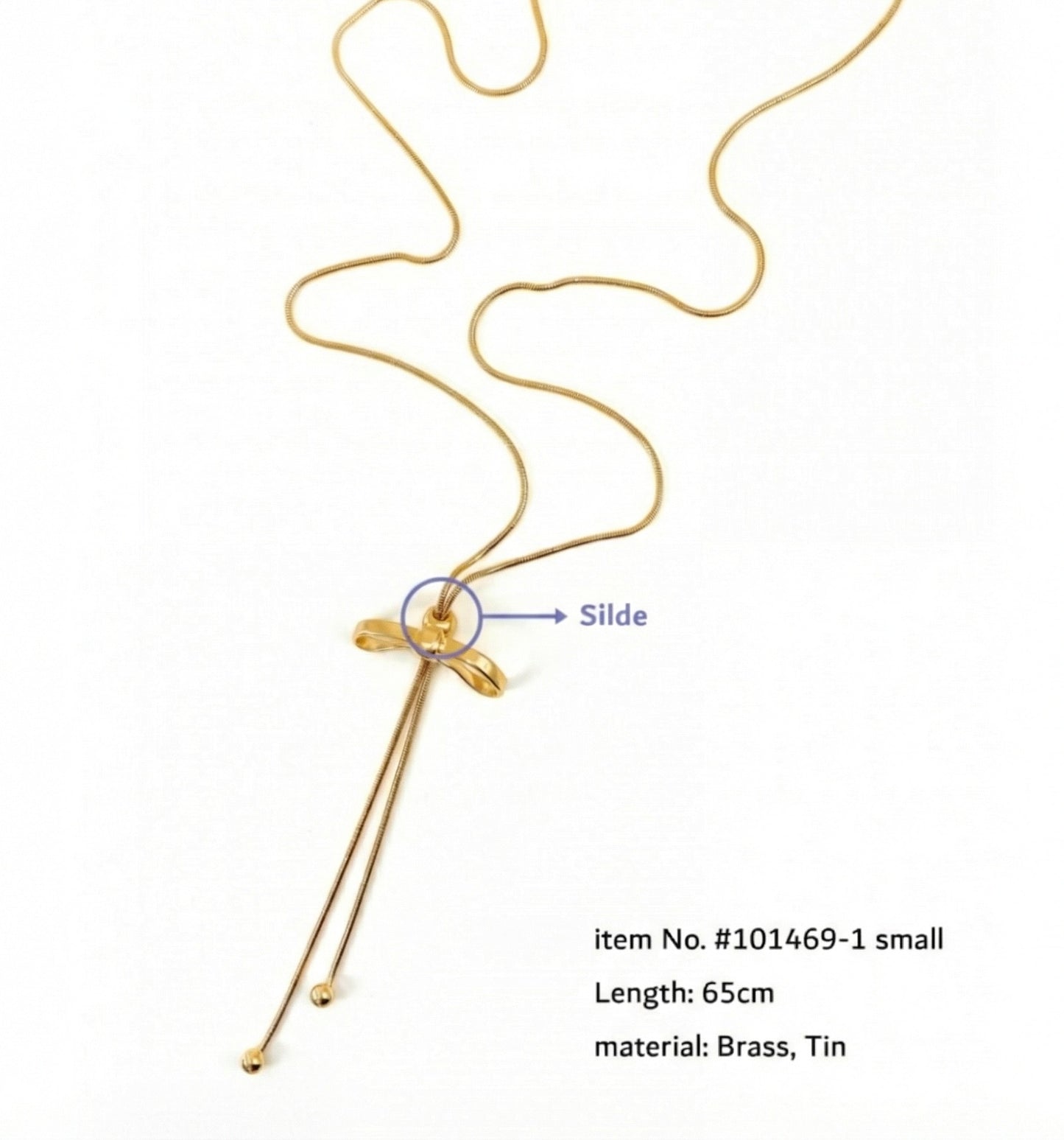Adjustable Ribbon Bow Lariat Necklace - 65cm Snake Chain Y-Drop in Gold & Silver
