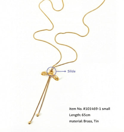 Adjustable Ribbon Bow Lariat Necklace - 65cm Snake Chain Y-Drop in Gold & Silver