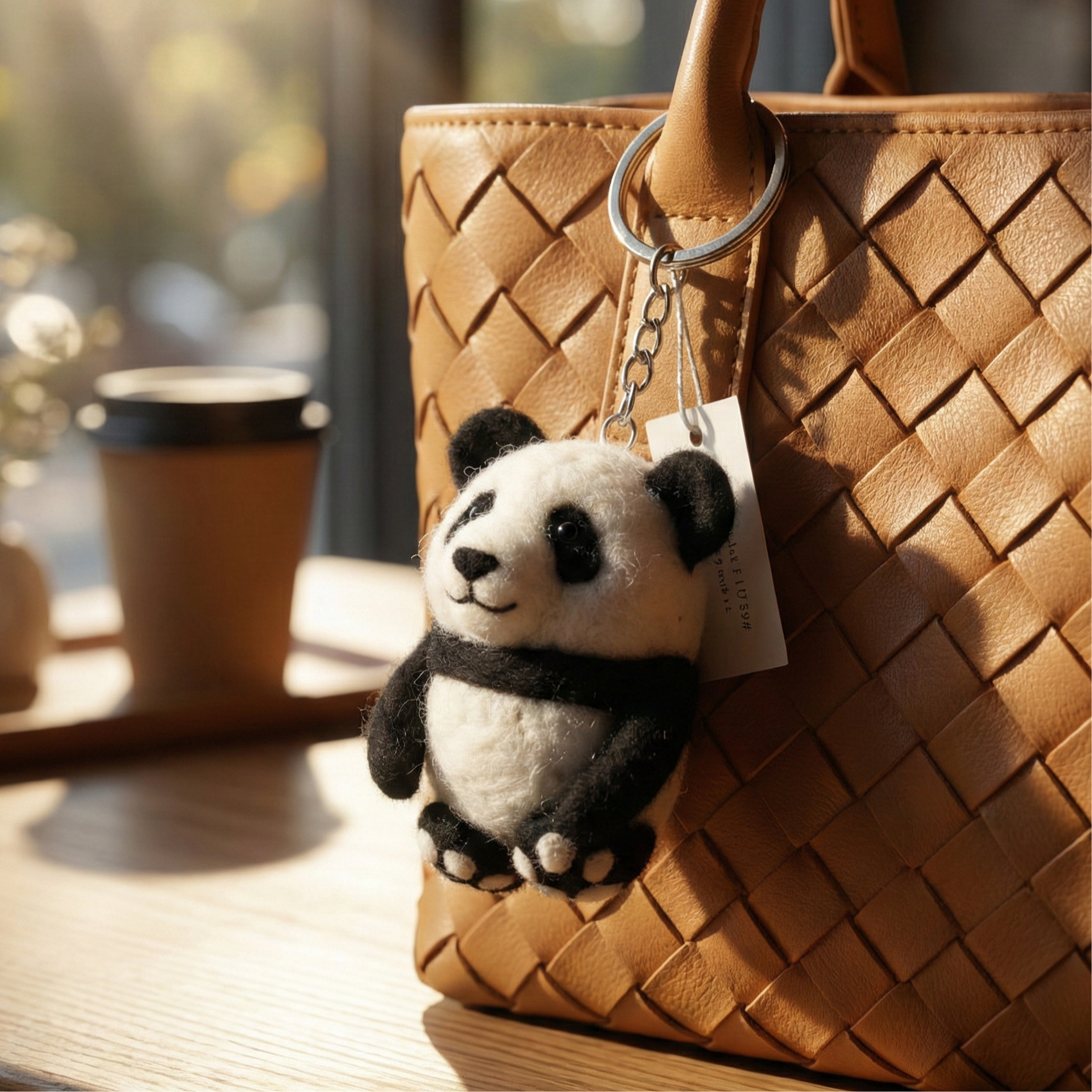 Handmade wool felt panda keychain hanging on woven basket bag in cafe with coffee cup