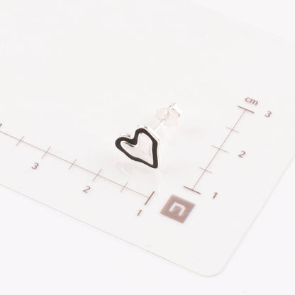 925 Sterling Silver Black Enamel Organic Heart Stud Earrings — Chunky Puff & Open Silhouette