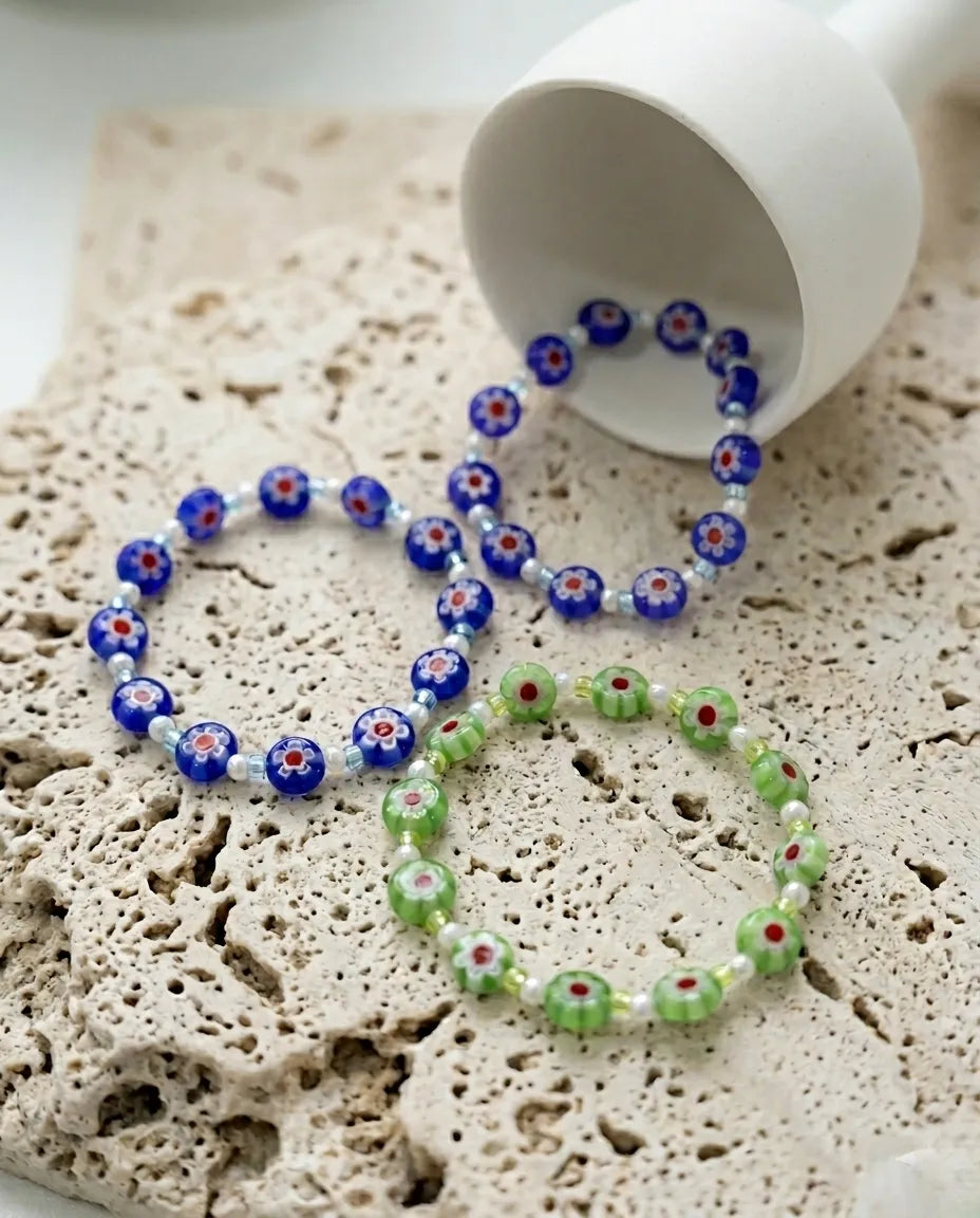 Millefiori Glass Flower Bead Bracelet — K-Handmade, 4 Colors