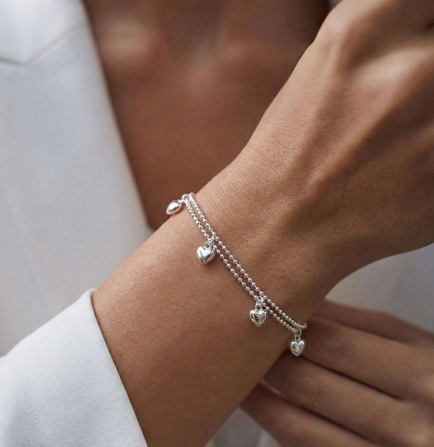 925 Sterling Silver Heart Charm Bracelet - Double Chain Puffed Hearts