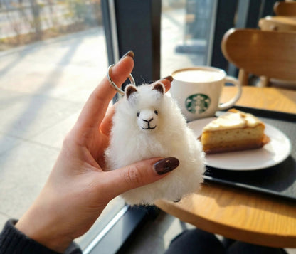 Real Alpaca Fur Keychain - Handmade Peruvian Alpaca Charm (White/Beige)
