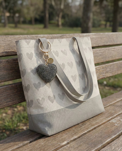 Gray rhinestone heart bag charm on tote bagazzling coquette aesthetic Korean jewelry