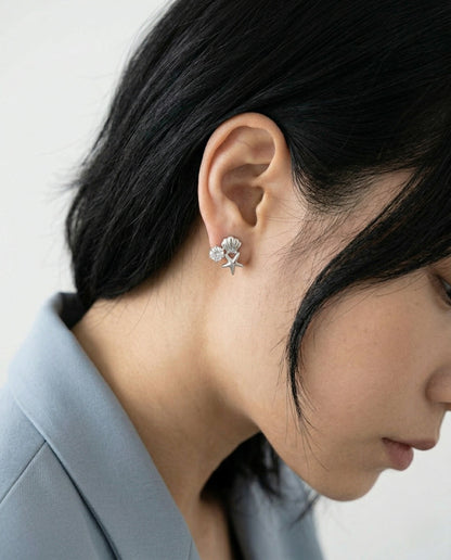 Mermaidcore Shell & Starfish Cubic Zirconia Stud Earrings | Hypoallergenic Titanium Post | Gold & Silver