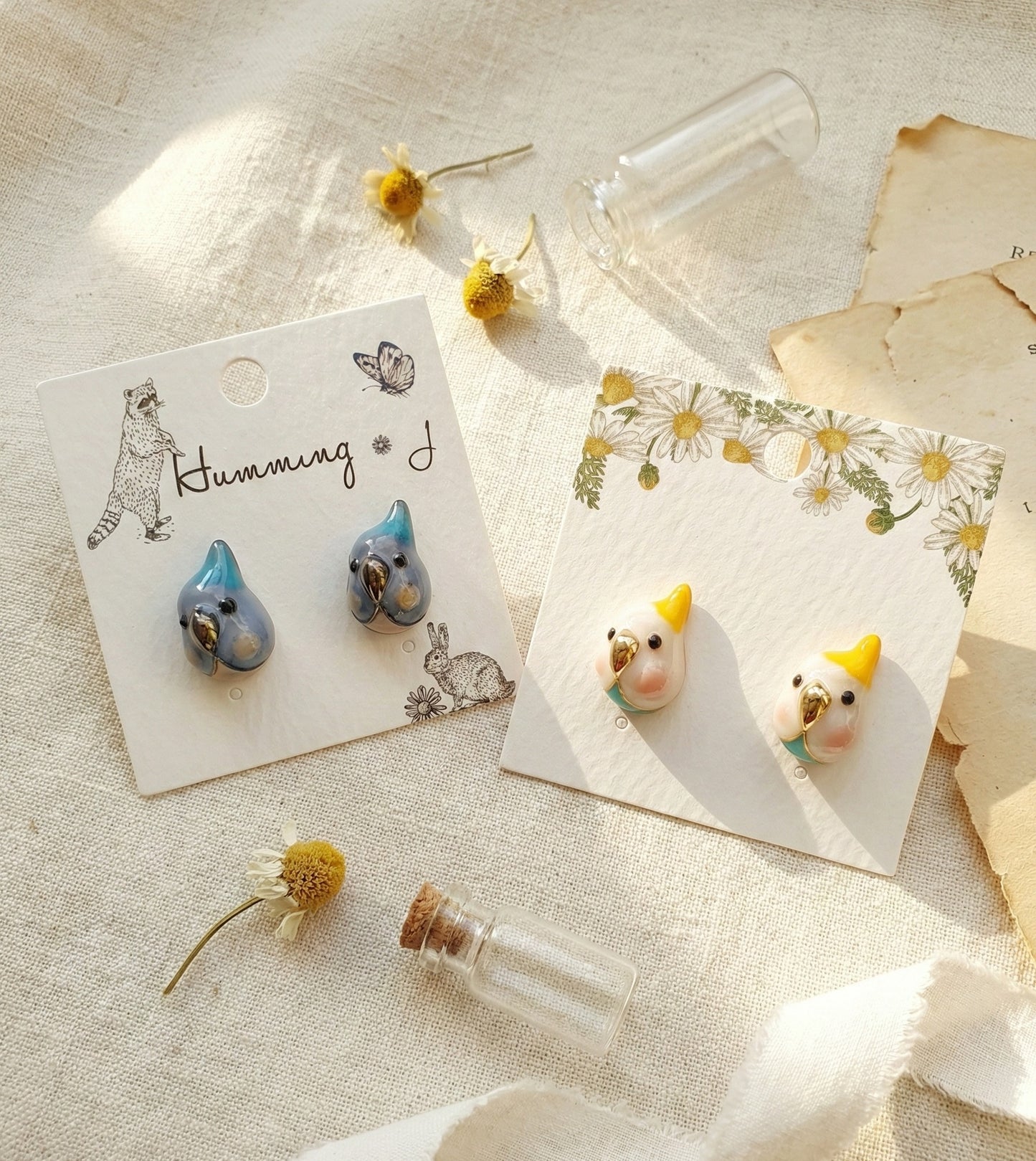 Handmade Cockatiel & Blue Parrot Stud Earrings Pair | Hypoallergenic Titanium Post | Korean Kawaii Animal Jewelry