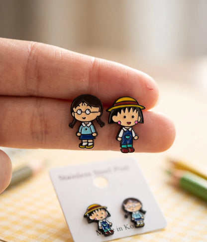 Maruko-chan Mismatch Stud Earrings – Enamel Anime Character
