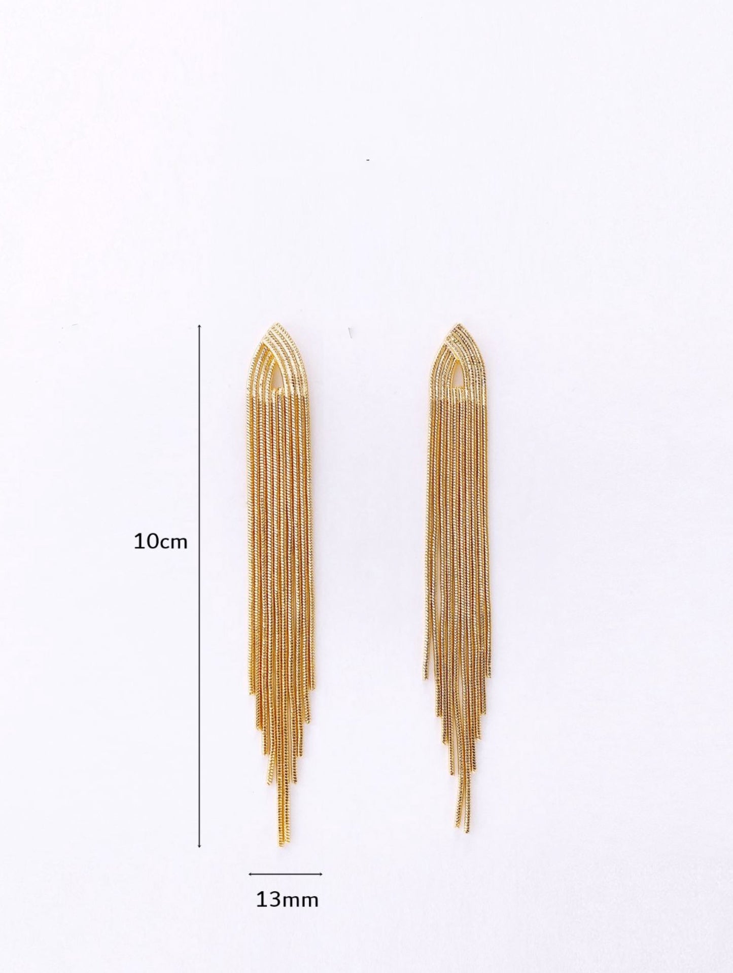 
Gold tassel drop earrings with 10cm length measurement, 13mm width reference, size comparison